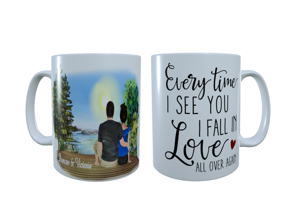 Romantic Couple Sunrise Lakeside Ceramic Mug, Custom Couples Mug